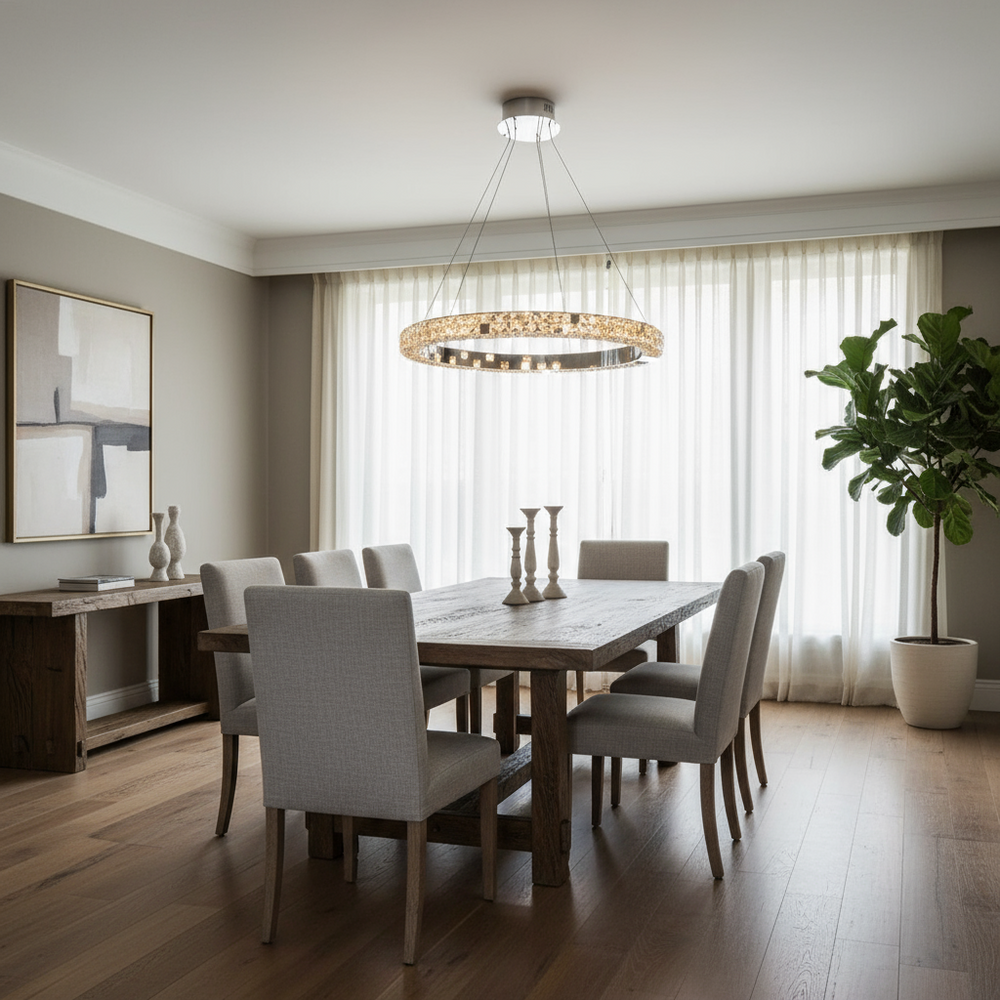 
                  
                    A modern dining room featuring a wooden table, six upholstered chairs, the Langley Crystal Ring Chandelier by Morsale.com, light wood flooring, abstract wall art, a potted plant, and sheer curtains over a large window.
                  
                