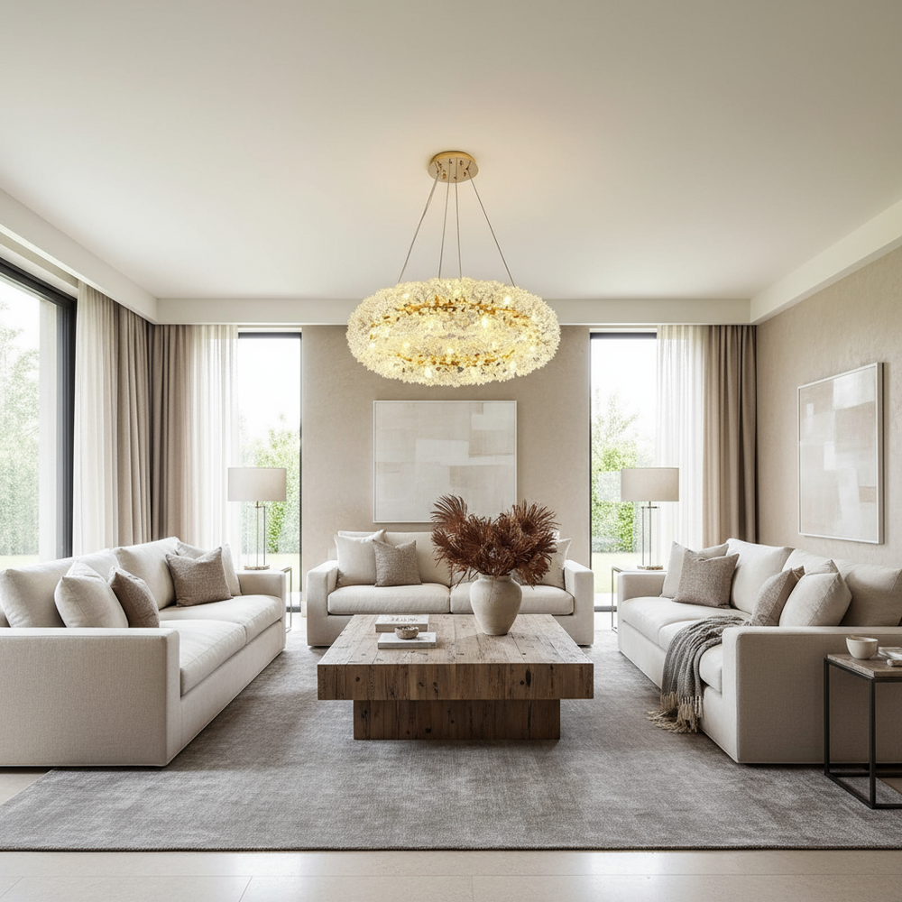 A modern living room with two beige sofas, a wooden coffee table topped with a vase of dried flowers, neutral décor, floor-to-ceiling windows with light curtains, abstract art, and the Leone Crystal Chandelier by Morsale.com.