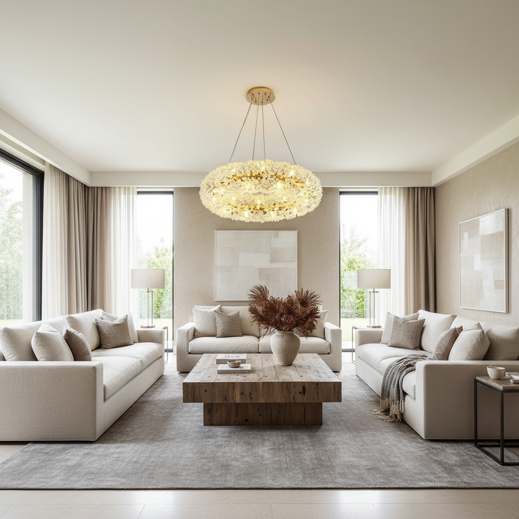 A modern living room with two beige sofas, a wooden coffee table topped with a vase of dried flowers, neutral décor, floor-to-ceiling windows with light curtains, abstract art, and the Leone Crystal Chandelier by Morsale.com.