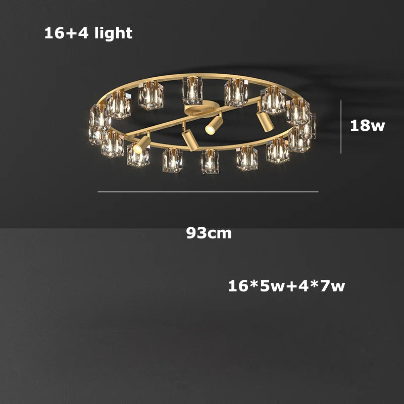 A modern ceiling chandelier with a gold circular frame and multiple glass light fixtures. The dimensions shown are 93cm in diameter and 18w in height. This Morsale.com Multi-Pendant Crystal Ceiling Light Fixture boasts sixteen 5W lights and four 7W lights, offering a luxurious lighting solution with handmade crystals.