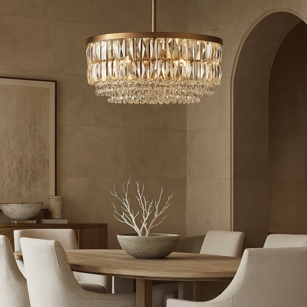 A modern dining room features a round wooden table, beige upholstered chairs, neutral wall art, and the Bacci Crystal Round Chandelier by Morsale.com with precision-cut crystal accents hanging above the table.