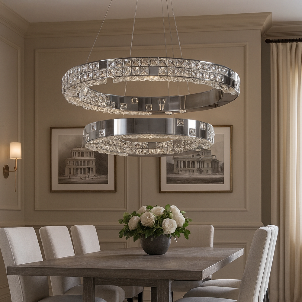 
                  
                    A modern dining room features a wooden table, cream upholstered chairs, LED lighting, and the Langley Modern Chandelier by Morsale.com above. Framed architectural artwork and beige walls enhance the elegant, contemporary interior.
                  
                