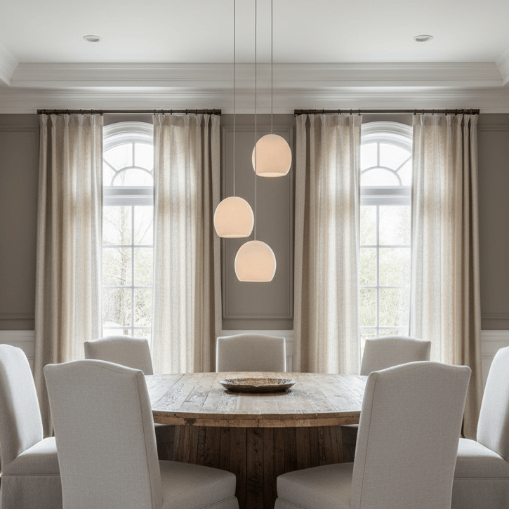 A round wooden dining table with six upholstered chairs sits between two tall windows with sheer beige curtains. Above the table, the Morsale.com Auris 3-Light Marble Chandelier provides ambient illumination.