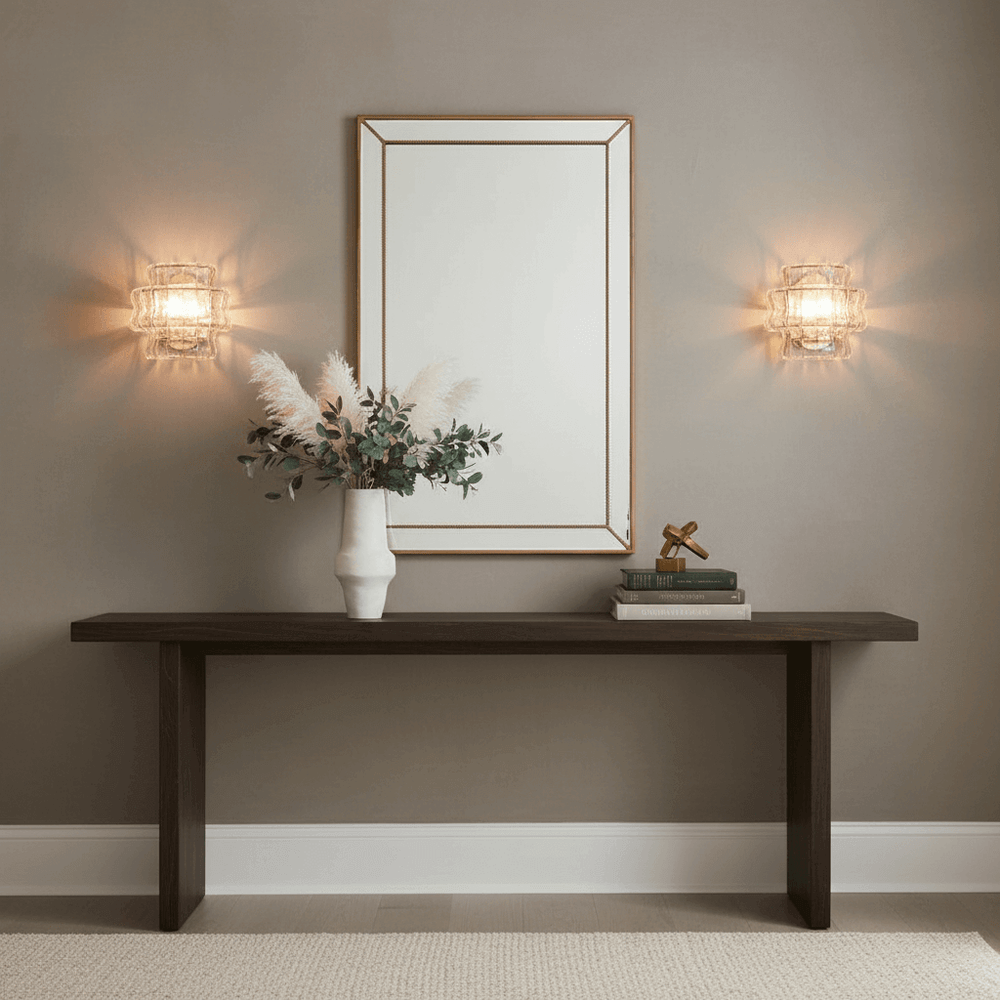 
                  
                    A modern entryway showcases a dark wood console with a white vase of greenery and pampas grass, books, and a gold figurine, topped by a framed mirror and Riviera Sconces from Morsale.com.
                  
                