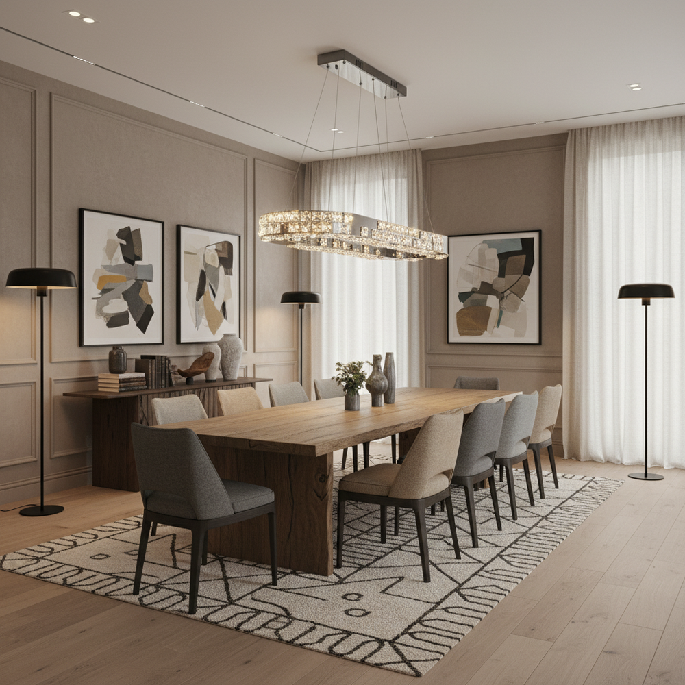 
                  
                    A modern dining room with a wooden table, eight chairs, abstract art, floor lamps, a patterned rug, and the elegant Langley Dining Room Chandelier by Morsale.com—all in neutral tones and bathed in natural light from large windows.
                  
                