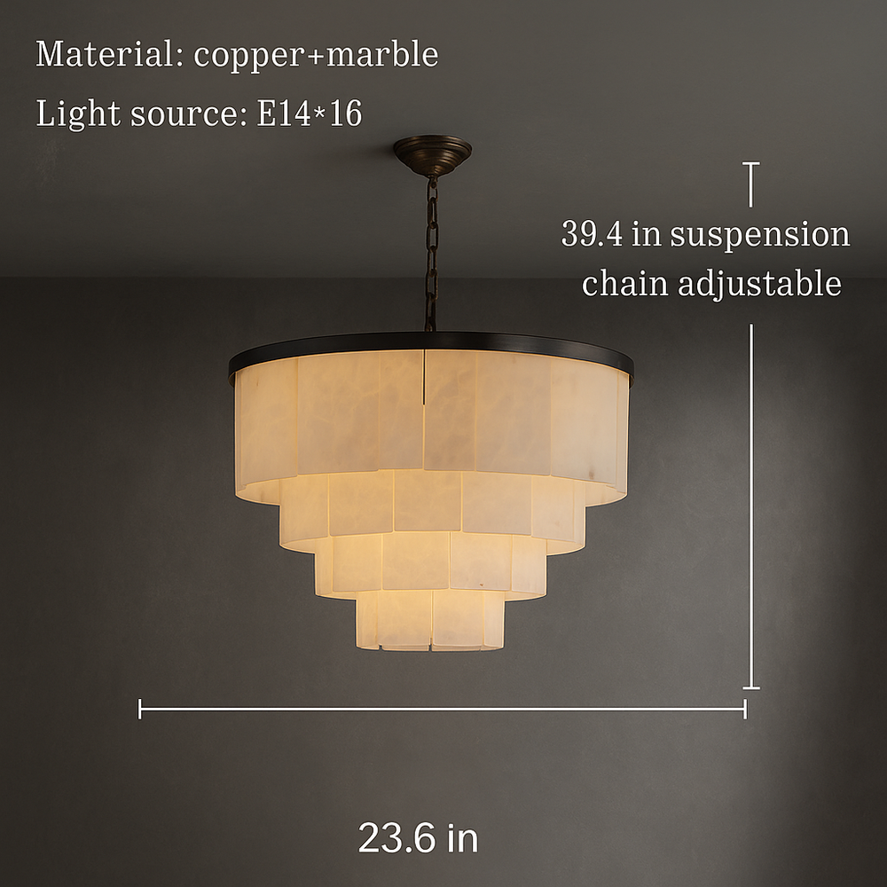 
                  
                    Chandelier with dimensions and material details on a dark background
                  
                