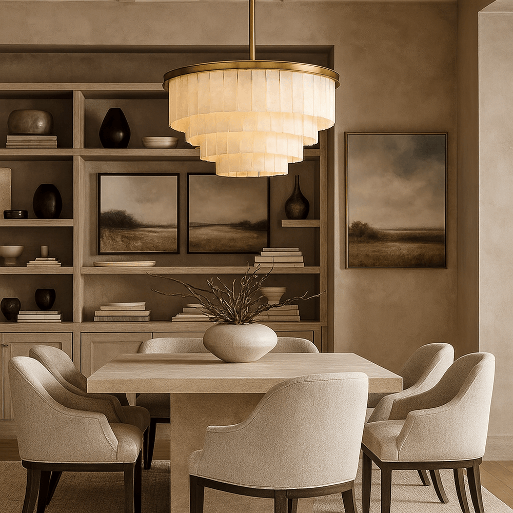 A neutral dining room features a square table, five upholstered chairs, a large vase centerpiece, built-in shelves with art and ceramics, and the stunning Berkley Marble Chandelier by Morsale.com. Two landscape paintings adorn the wall.