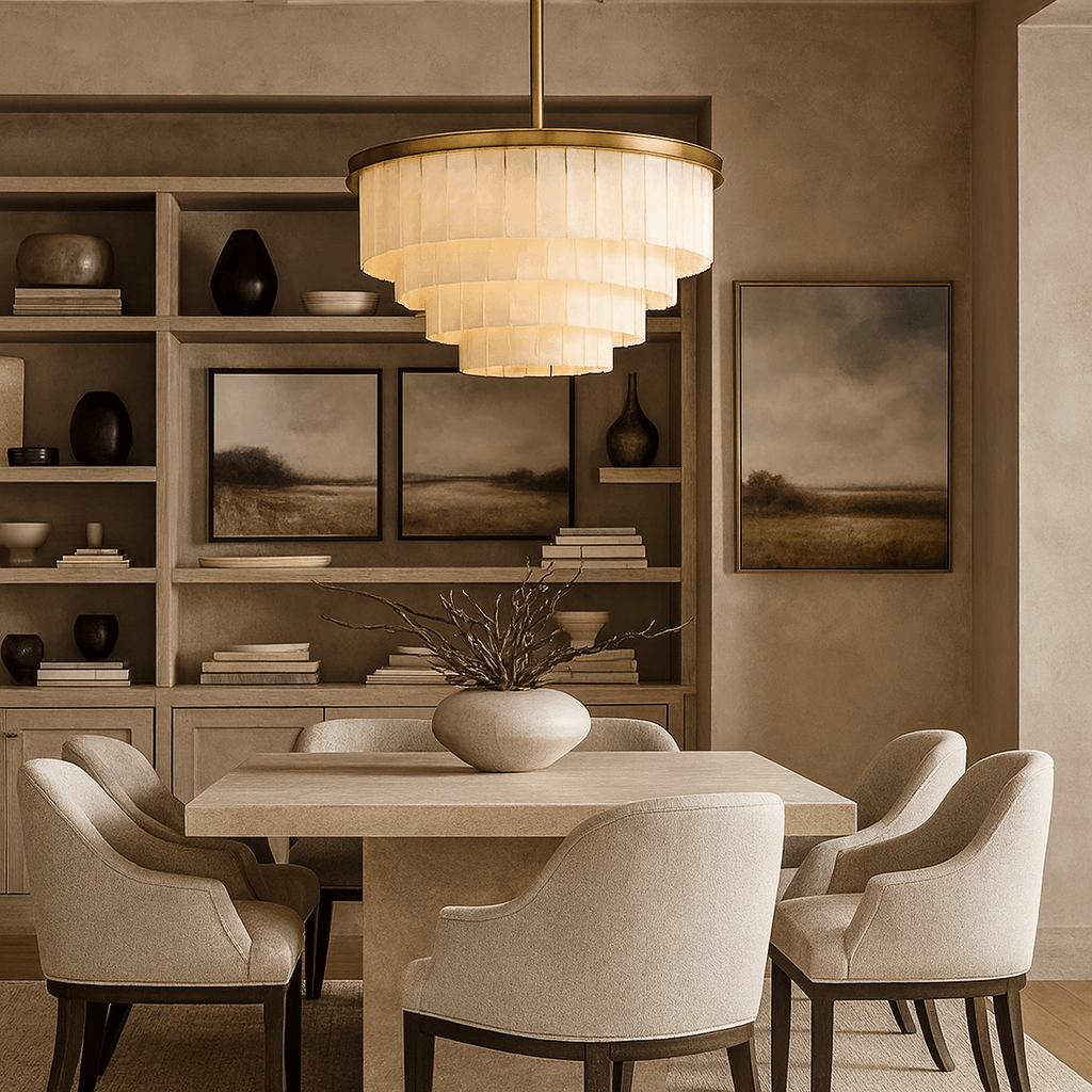 A neutral dining room features a square table, five upholstered chairs, a large vase centerpiece, built-in shelves with art and ceramics, and the stunning Berkley Marble Chandelier by Morsale.com. Two landscape paintings adorn the wall.