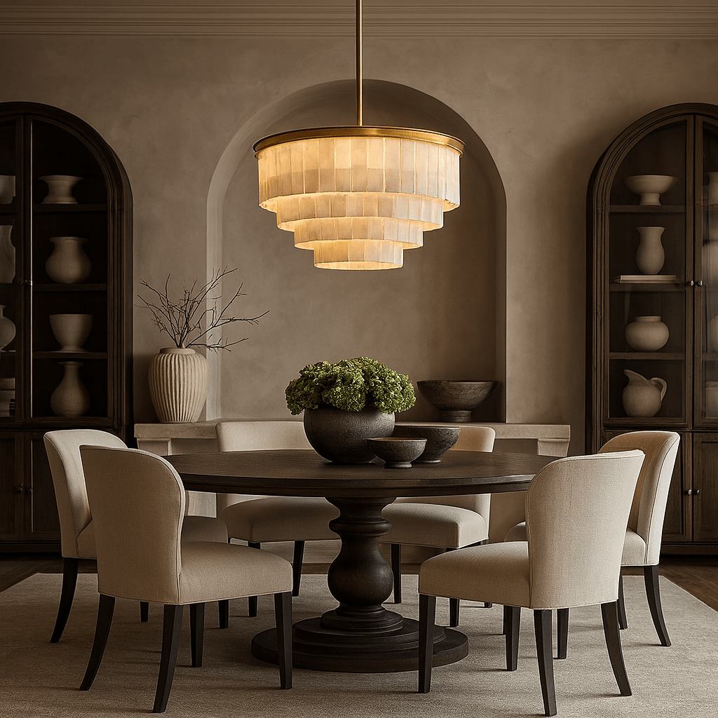 A modern dining room with a round dark wood table, five beige upholstered chairs, and built-in pottery shelves features the Berkley Marble Chandelier by Morsale.com. Neutral tones add to the elegant, cozy atmosphere.