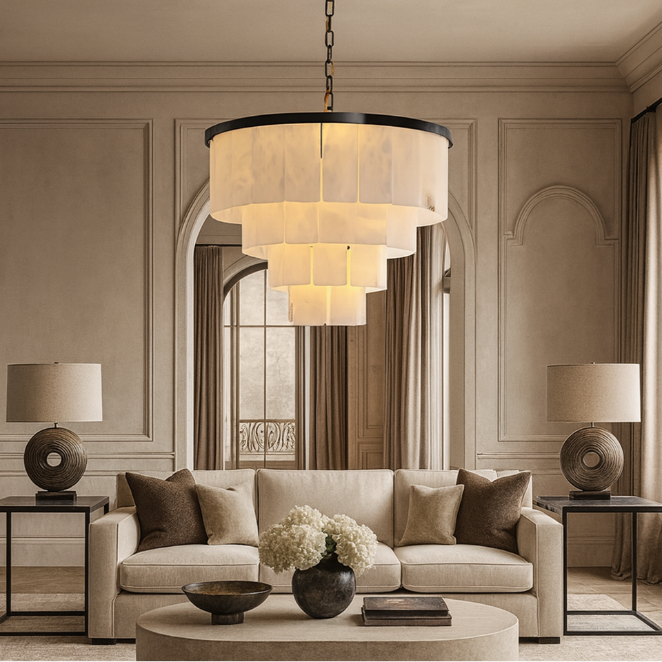 Luxurious living room with a chandelier, sofa, and side tables.