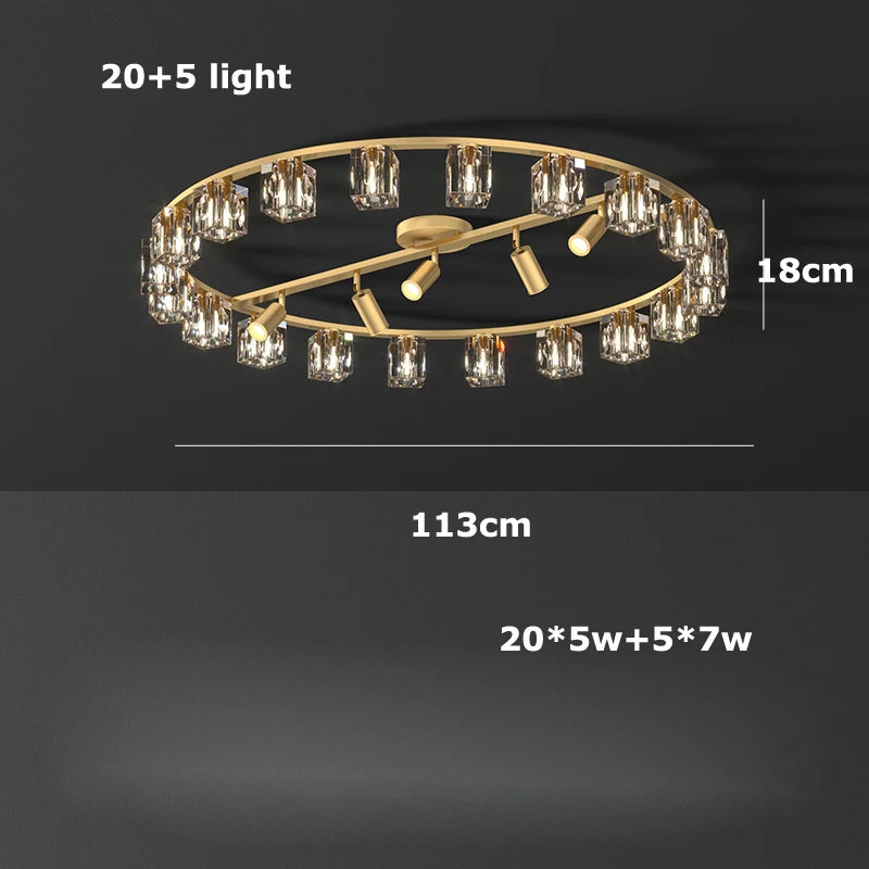 The Multi-Pendant Crystal Ceiling Light Fixture from Morsale.com is a gold circular chandelier with a diameter of 113 cm, featuring 20+5 lights adorned with handmade crystals. This luxurious lighting solution hangs 18 cm from the ceiling and has a specification of 20*5w+5*7w.