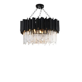 The Vigo Crystal Chandelier by Morsale.com features a modern design with a circular arrangement that hangs from the ceiling. This fixture elegantly combines black vertical elements on top with clear, elongated crystal-like pieces cascading downward, resulting in a sophisticated and refined lighting arrangement.