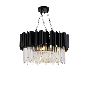 A contemporary Vigo Collection Crystal Chandelier by Morsale.com, featuring black and clear vertical rods suspended from a stainless steel frame, hangs elegantly above. Beneath it is a smaller, unlit sconce of matching design with E14 LED bulbs encased in clear and black rods, neatly mounted on a short wall bracket.