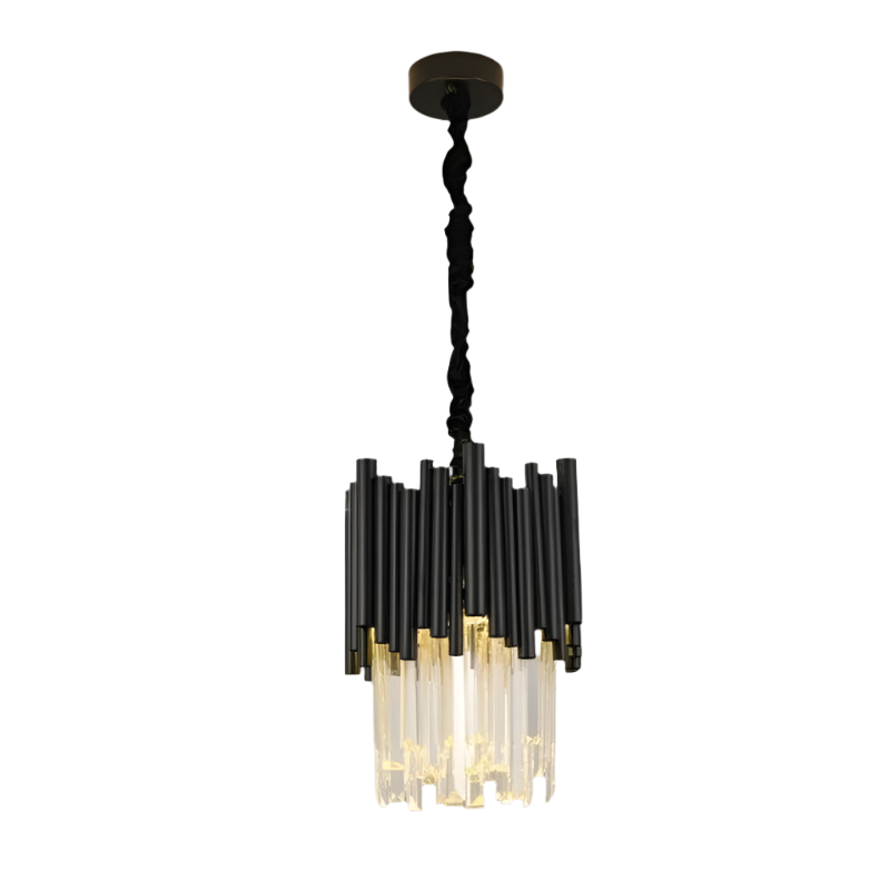 A modern, black, and gold chandelier with a cylindrical design, featuring vertical black rods and transparent handmade clear crystals that create a sleek and elegant look. Suspended by a twisted black cord from a circular ceiling mount, this Vigo Kitchen Island Light Fixture from Morsale.com is both striking and sophisticated.