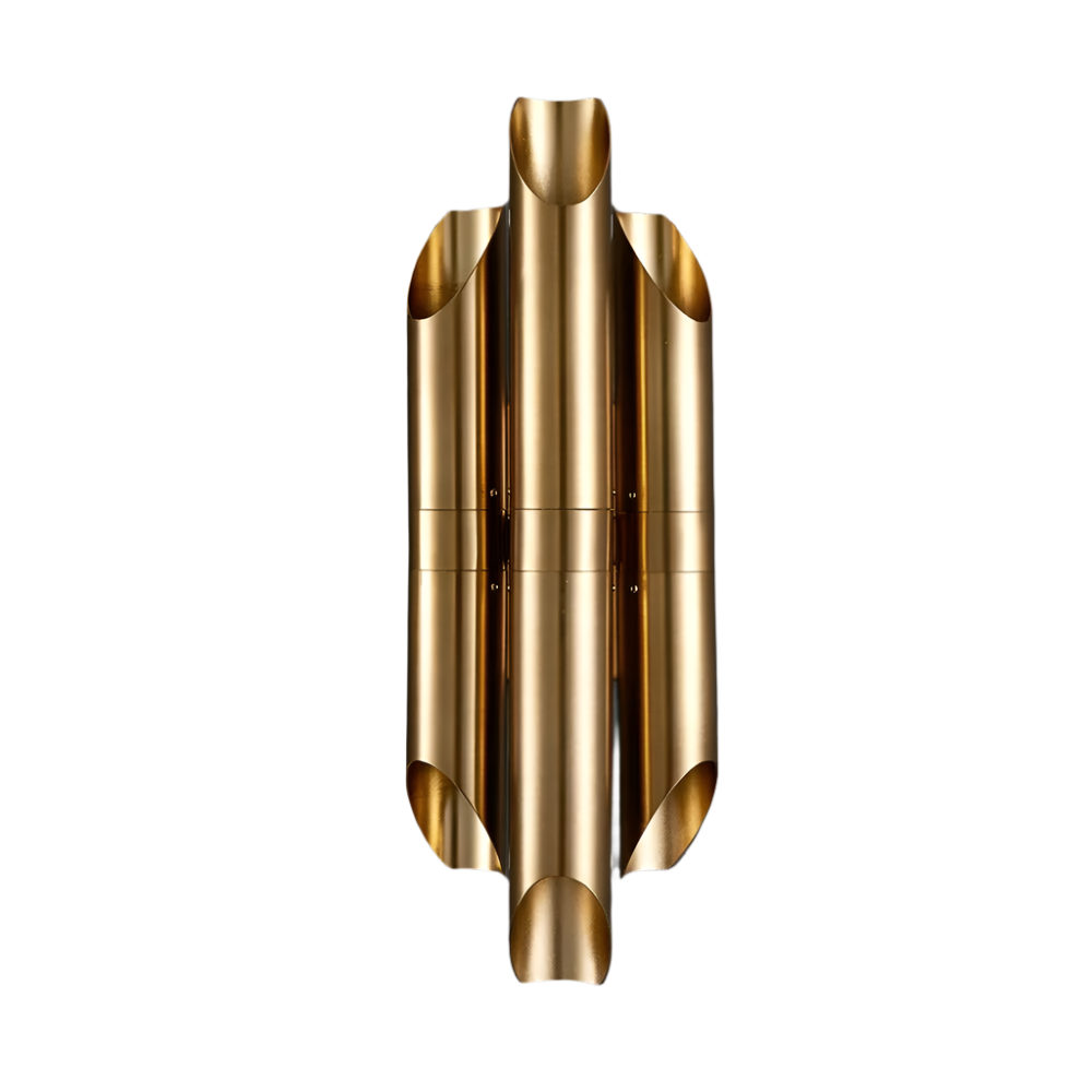 The Atri Stainless Steel Wall Sconce by Morsale.com showcases a sleek, tubular design with four symmetrical curved sections, finished in a reflective and luxurious brushed gold. It is fitted with G9 LED Light Bulbs and mounted flat against a white background.