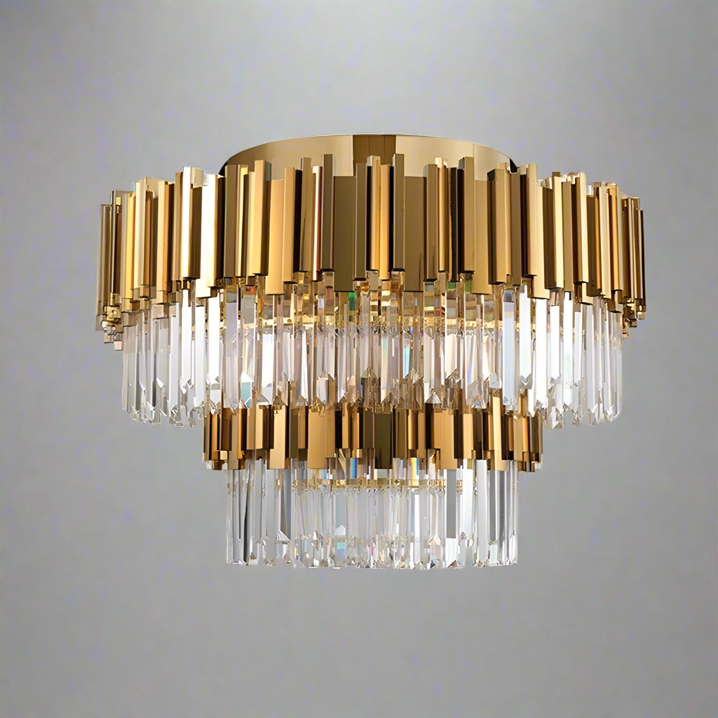 Introducing the Gio 2-Tier Flush Mount Chandelier by Morsale.com, a luxurious and modern lighting fixture. It showcases multiple tiers of gold metallic rods and premium crystal accents, offering a sophisticated and elegant ambiance with energy-efficient LED technology.