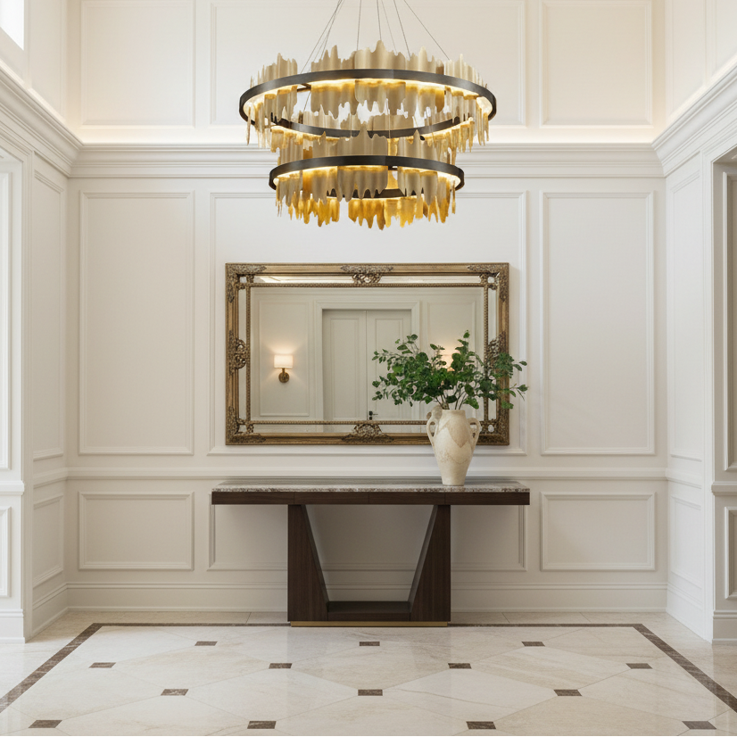A modern entryway features the Nera 2-Tier Brass Chandelier by Morsale.com, a dark wood console with a vase of greenery, a large framed mirror, marble floor tiles, and white paneled walls.