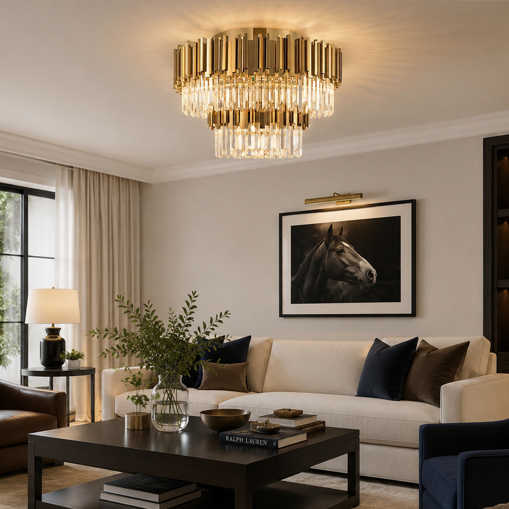 Modern living room with a chandelier, sofa, and decorative items.