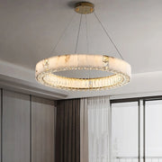 Natural Marble & Crystal Ceiling Chandelier with LED Light illuminating modern room interior.