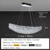 The Morsale.com Gio Crystal Dining Room Light Fixture is a modern crystal chandelier with adjustable hanging cords, featuring stainless steel and crystal construction. Measuring 116cm in length, 32cm in width, and 30cm in height, this luxurious LED chandelier includes 12 E14 bulbs and comes in golden, chrome, black, and white finishes.