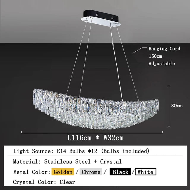 The Morsale.com Gio Crystal Dining Room Light Fixture is a modern crystal chandelier with adjustable hanging cords, featuring stainless steel and crystal construction. Measuring 116cm in length, 32cm in width, and 30cm in height, this luxurious LED chandelier includes 12 E14 bulbs and comes in golden, chrome, black, and white finishes.