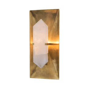 The Natural Marble & Copper Wall Sconce by Morsale.com is a luxurious wall-mounted light fixture featuring a rectangular brass base and an elongated white crystal light center, enhanced by efficient LED chips. The warm glow elegantly accentuates the textures and details of the brass and crystal, adding a touch of sophistication to your luxury home decor.