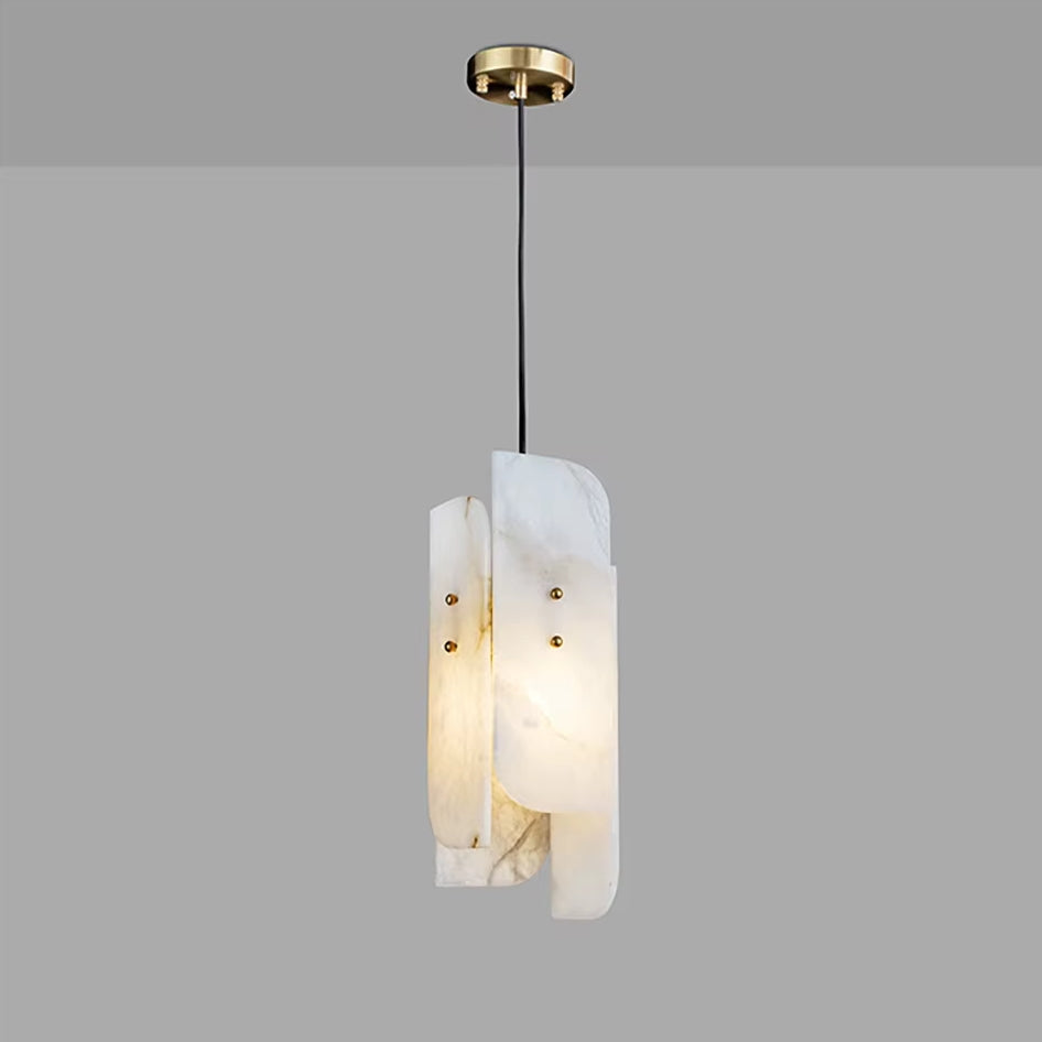 The Moonshade Natural Marble Pendant Lights by Morsale showcase a premium design with a gold-finished ceiling mount and a black cord suspending panels of frosted glass that resemble marble. These panels surround the bulb to diffuse a gentle, ambient glow against a simple gray backdrop, evoking the elegance of traditional marble chandeliers.