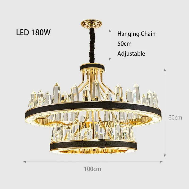 The Villa 2-Tier Contemporary Chandelier by Morsale.com is a luxurious LED piece featuring two tiers of crystal-like elements. Measuring 80 cm in diameter and 60 cm in height, it includes an adjustable hanging chain of 50 cm. This chandelier, rated at 152W, showcases a gold finish with black accents and exemplifies sophisticated luxury lighting with its contemporary design.