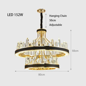 The Villa 2-Tier Contemporary Chandelier by Morsale.com is a luxurious LED piece featuring two tiers of crystal-like elements. Measuring 80 cm in diameter and 60 cm in height, it includes an adjustable hanging chain of 50 cm. This chandelier, rated at 152W, showcases a gold finish with black accents and exemplifies sophisticated luxury lighting with its contemporary design.