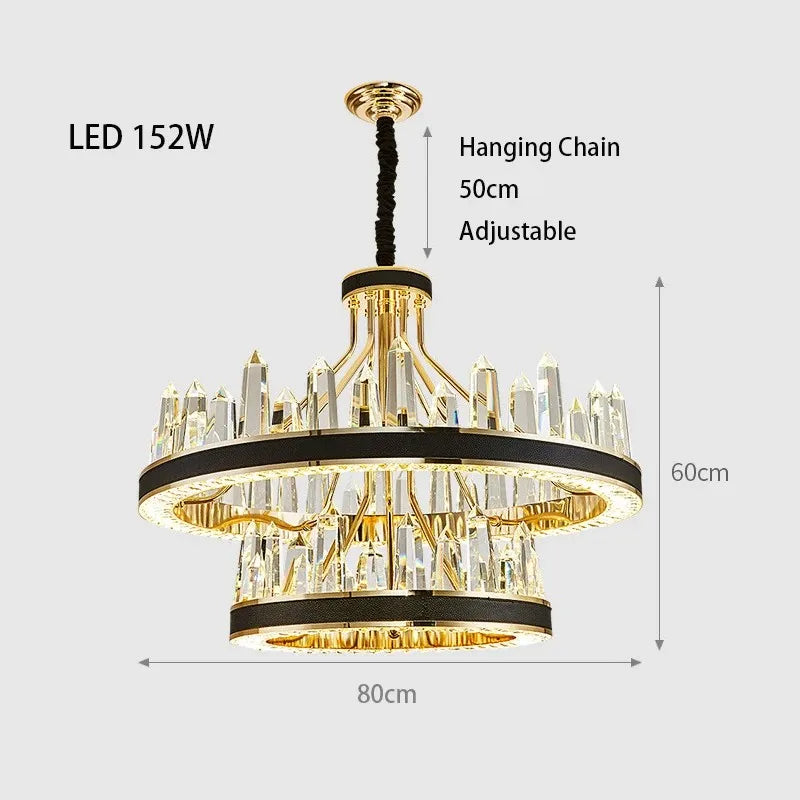 The Villa 2-Tier Contemporary Chandelier by Morsale.com is a luxurious LED piece featuring two tiers of crystal-like elements. Measuring 80 cm in diameter and 60 cm in height, it includes an adjustable hanging chain of 50 cm. This chandelier, rated at 152W, showcases a gold finish with black accents and exemplifies sophisticated luxury lighting with its contemporary design.