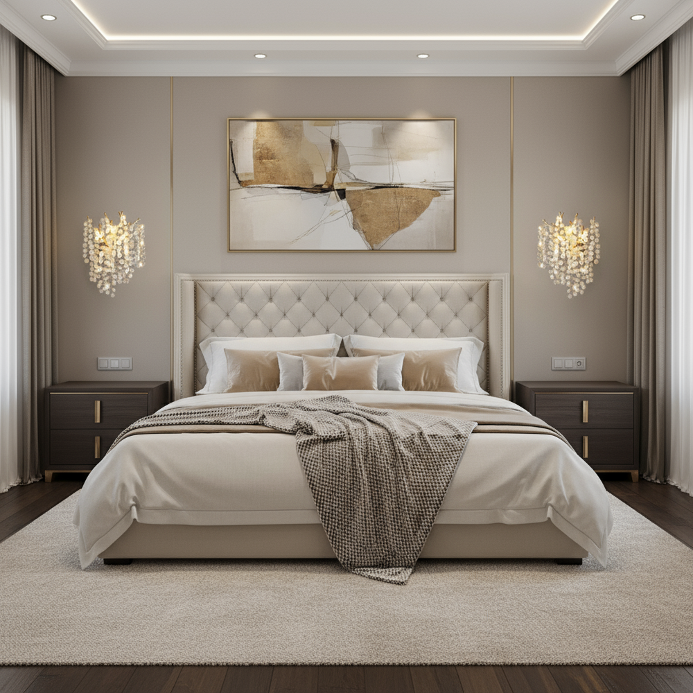 A modern, elegant bedroom featuring a tufted bed, neutral bedding, two dark nightstands, Albero Frost Glass Wall Sconces by Morsale.com, abstract art above the headboard, and soft natural light from large windows.