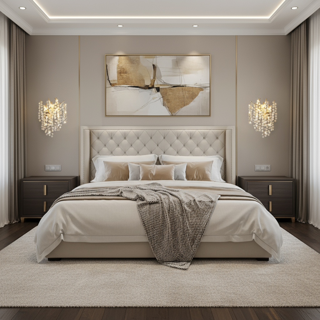 A modern, elegant bedroom featuring a tufted bed, neutral bedding, two dark nightstands, Albero Frost Glass Wall Sconces by Morsale.com, abstract art above the headboard, and soft natural light from large windows.