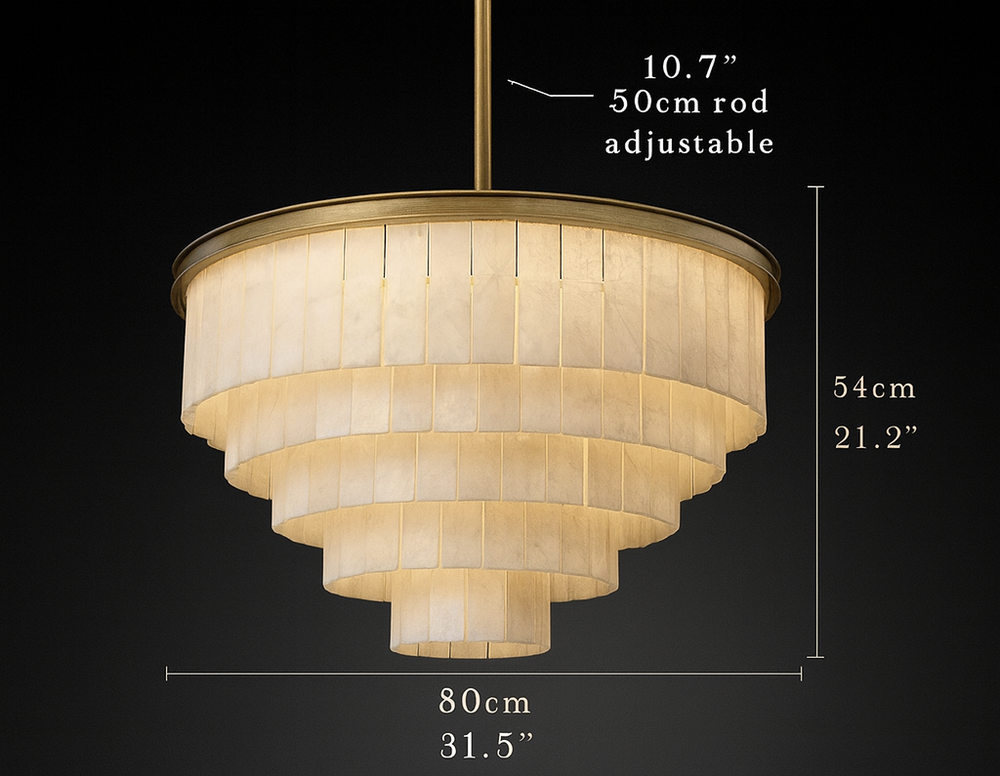 
                  
                    Chandelier with dimensions and material details on a dark background
                  
                