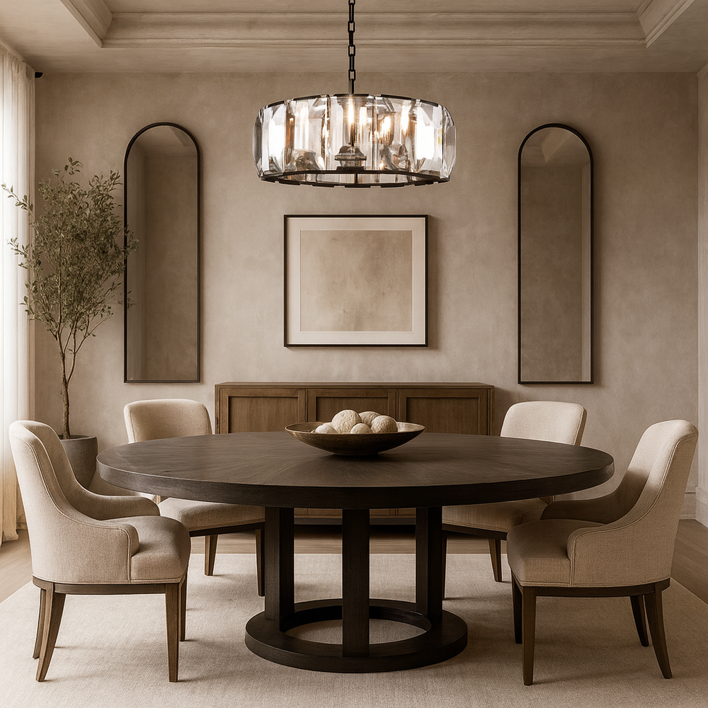 
                  
                    A modern dining room featuring a round dark wood table, four beige upholstered chairs, a wooden sideboard, two tall mirrors, framed artwork, a bowl centerpiece, and a potted tree is illuminated by the Brookhill Crystal Chandelier from Morsale.com.
                  
                