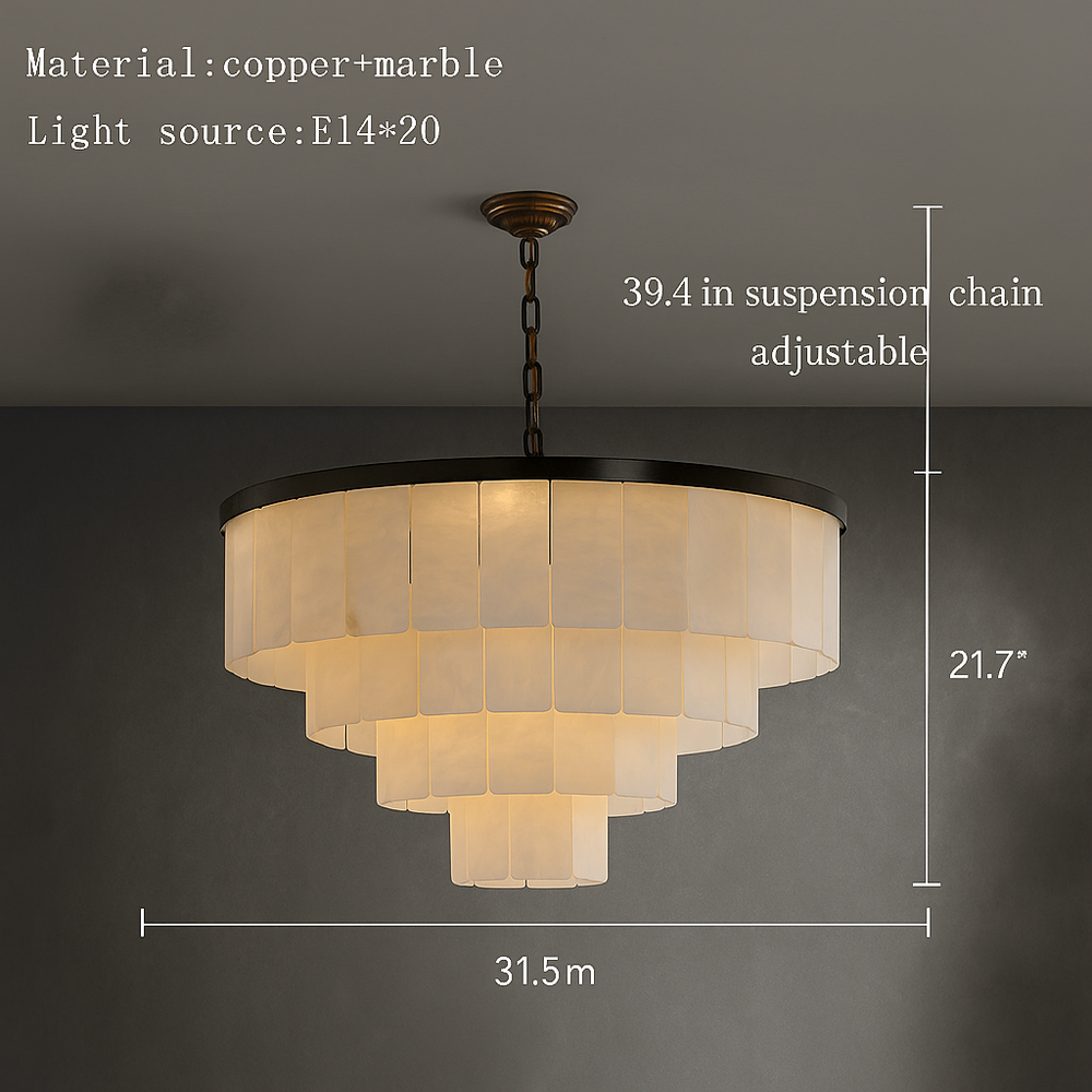 
                  
                    Chandelier with dimensions and material details on a dark background
                  
                