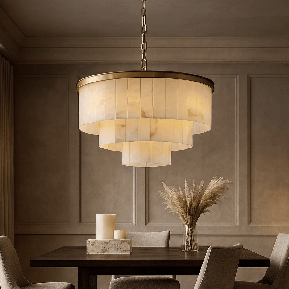A modern dining room features a round wooden table, beige upholstered chairs, pampas grass and candles centerpieces, and the Morsale Aurora Marble Round Chandelier casting a warm golden glow overhead.