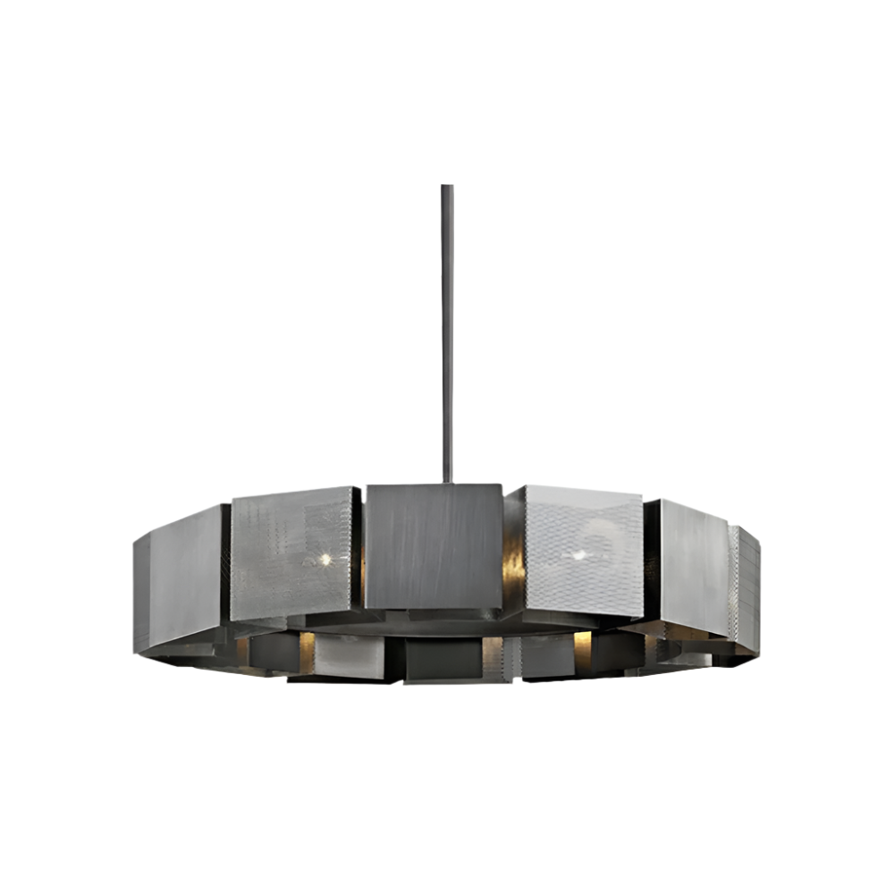 The Stainless Steel Industrial Modern Ring Chandelier by Olga showcases a series of geometric, metallic shades encircling the light fixtures. The design includes a central rod that suspends the minimalist chandelier from the ceiling, offering a sleek and contemporary appearance.