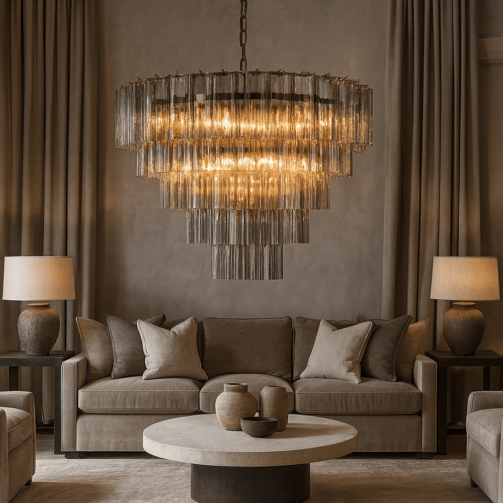 A luxurious living room featuring the Morsale Burney Modern Chandelier 35", taupe sofas with beige cushions, two matching table lamps, a round coffee table, and tall neutral-toned curtains.