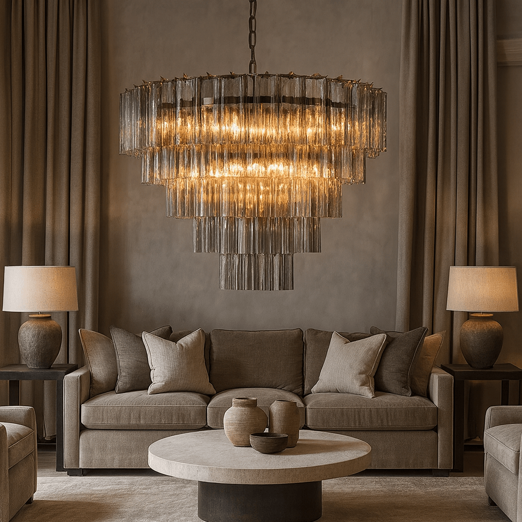A luxurious living room featuring the Morsale Burney Modern Chandelier 35", taupe sofas with beige cushions, two matching table lamps, a round coffee table, and tall neutral-toned curtains.