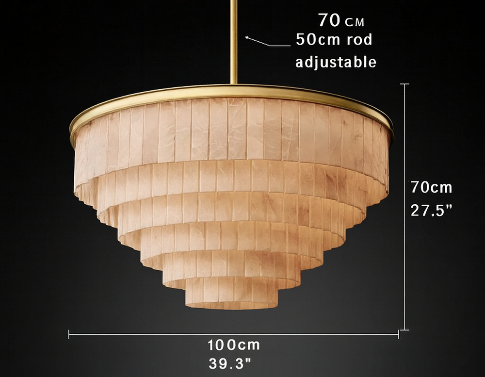 
                  
                    Chandelier with dimensions and material details on a dark background
                  
                