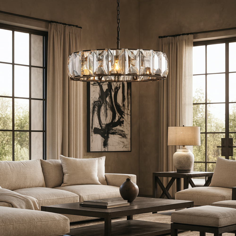 
                  
                    A modern living room with beige sofas, a dark wood coffee table, ceramic vase, large curtained windows, abstract wall art, and a Brookhill Crystal Chandelier by Morsale.com adding luxurious ceiling lighting.
                  
                