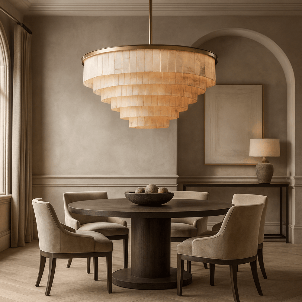 
                  
                    A modern dining room with a round dark wood table, four beige upholstered chairs, neutral walls, an arched niche, soft natural light from a window, and the Berkley Marble Chandelier by Morsale.com as a stunning centerpiece.
                  
                