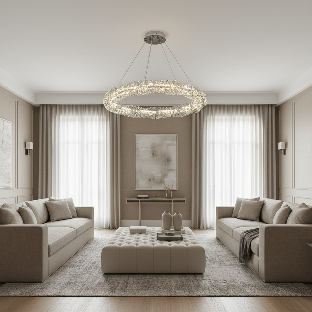 A modern, elegant living room with two beige sofas, a tufted ottoman, abstract wall art, large windows with sheer curtains, and the Bacci 39" Crystal Chandelier by Morsale.com as a dramatic overhead centerpiece.