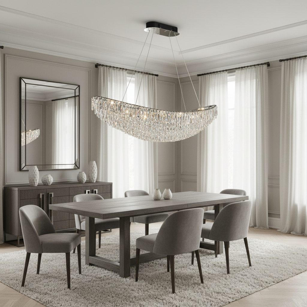 A modern dining room with a rectangular table, six upholstered chairs, textured rug, sideboard, large wall mirror, and the elegant Lunare Crystal Dining Chandelier by Morsale.com. Tall windows with sheer curtains and neutral tones complete the look.