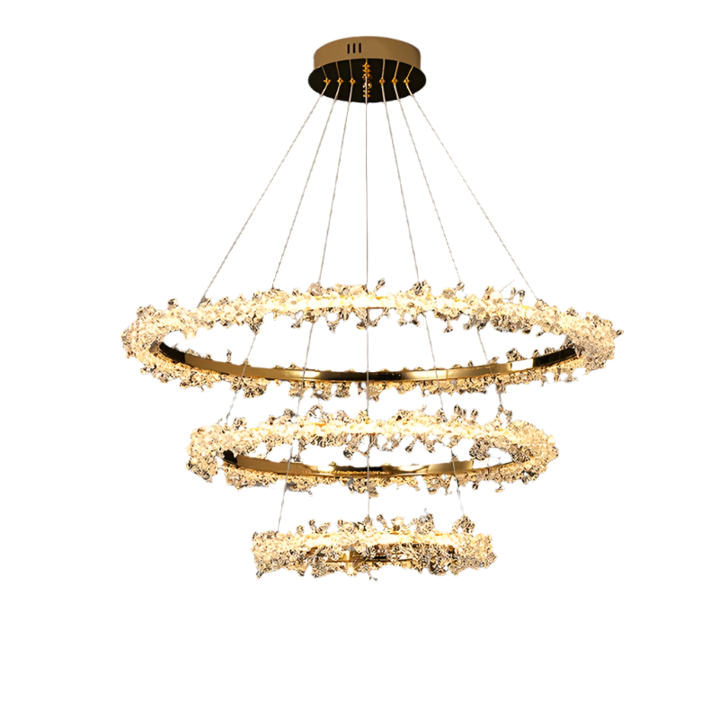 Introducing the Capri 3-Tier Modern Chandelier by Morsale.com: a luxurious lighting fixture featuring three circular tiers suspended by elegant wires from a round, gold-colored ceiling mount. Each tier is adorned with sparkling decorations and equipped with dimmable LED strips, creating a sophisticated and elegant ambiance.