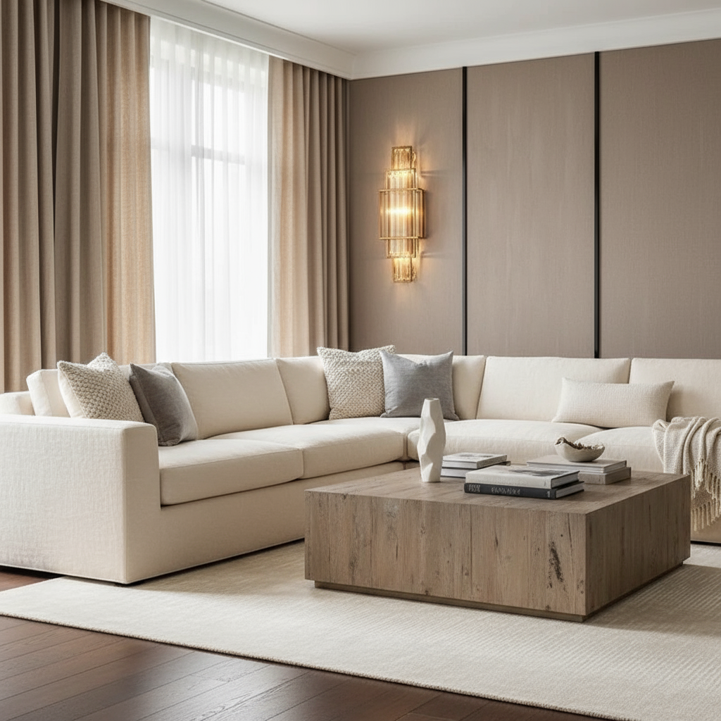 A modern living room with a large beige sectional, neutral throw pillows, a wooden coffee table, beige floor-to-ceiling curtains, wall paneling, and soft natural light enhanced by the Gio Crystal Wall Sconce from Morsale.com.