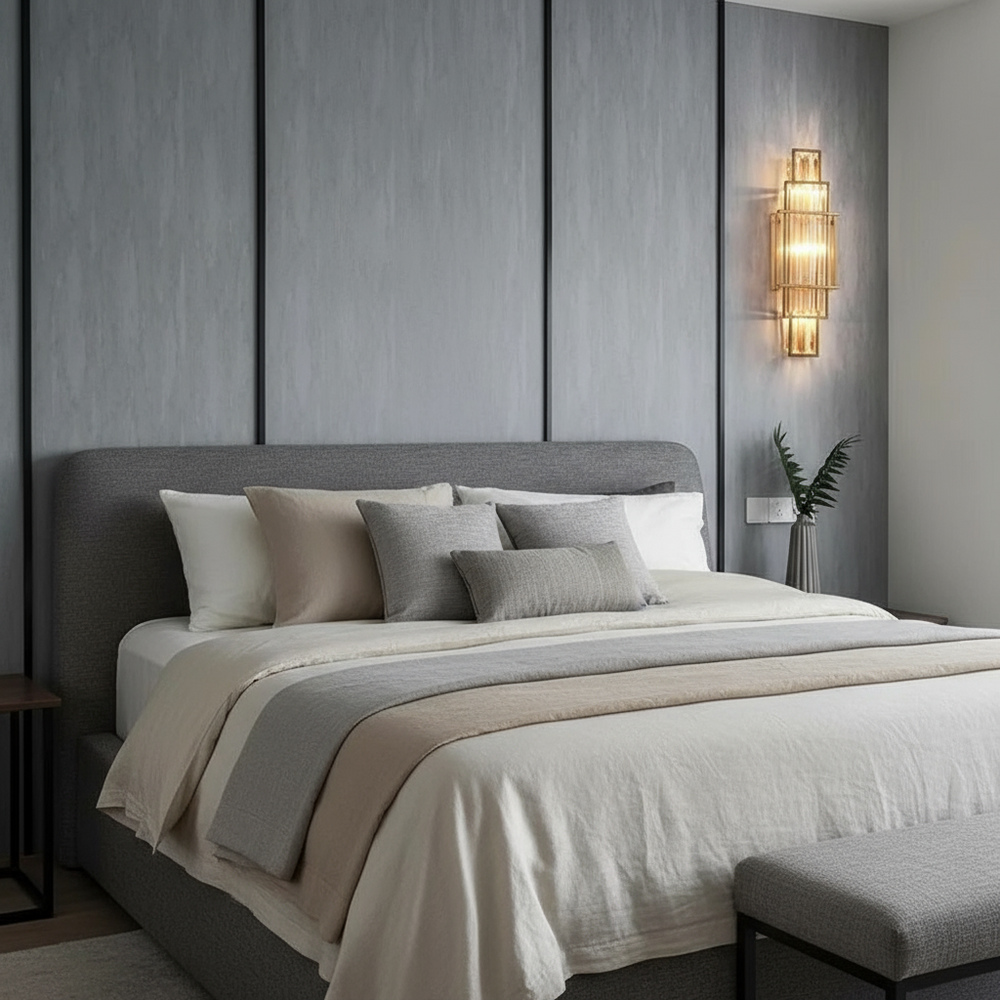
                  
                    A modern bedroom featuring a gray upholstered bed, neutral layered bedding with accent pillows, a padded bench, leafy plant on the nightstand, and the Gio Crystal Wall Sconce by Morsale.com glowing on a textured gray wall.
                  
                