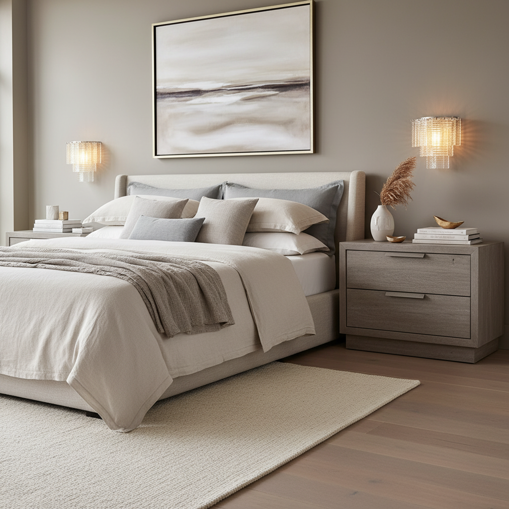 A modern, neutral-toned bedroom features a neatly made bed with a light gray headboard, beige bedding, two wooden nightstands, Palermo Clear Crystal Wall Sconces by Chandelier Style, and a large abstract painting above the bed.