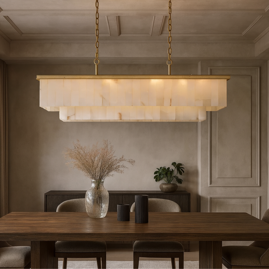A modern dining room features the Beano Marble Dining Chandelier by Shopp578 with gold accents, a wooden table, six chairs, a glass vase with dried grasses, two black vases, and neutral walls with elegant trim and panel details.