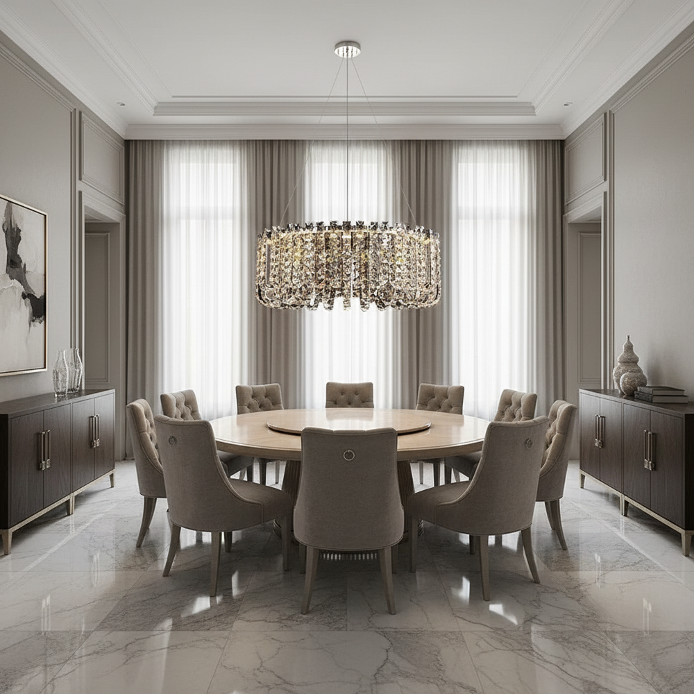 
                  
                    A modern dining room displays a round wooden table, eight tufted beige chairs on marble floors, abstract art, tall curtains, dark wood sideboards, and is illuminated by the Morsale Bacci Crystal Chandelier.
                  
                